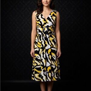 Jon & Anna Yellow Black White Abstract Print V-Neck Midi Dress